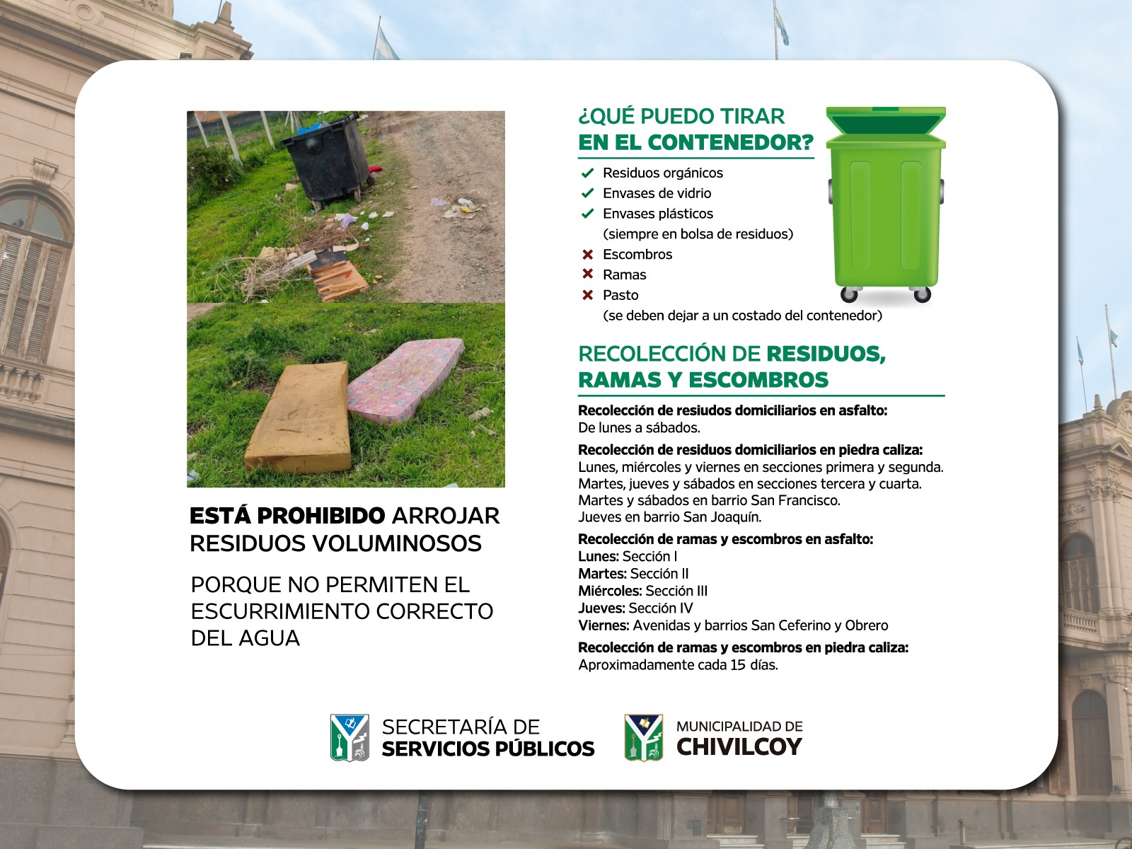 Servicios Públicos informó que está prohibido arrojar residuos voluminosos y recordó a la comunidad el cronograma de recolección