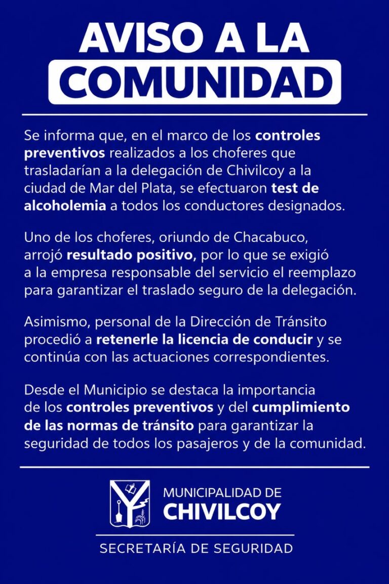 Chivilcoy: detectaron alcoholemia positiva en un chofer que iba a trasladar a la delegación local a Mar del Plata