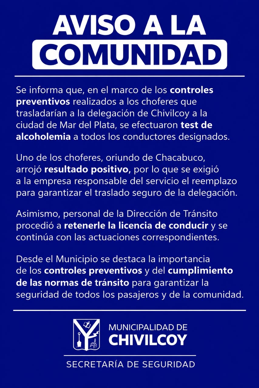 Chivilcoy: detectaron alcoholemia positiva en un chofer que iba a trasladar a la delegación local a Mar del Plata