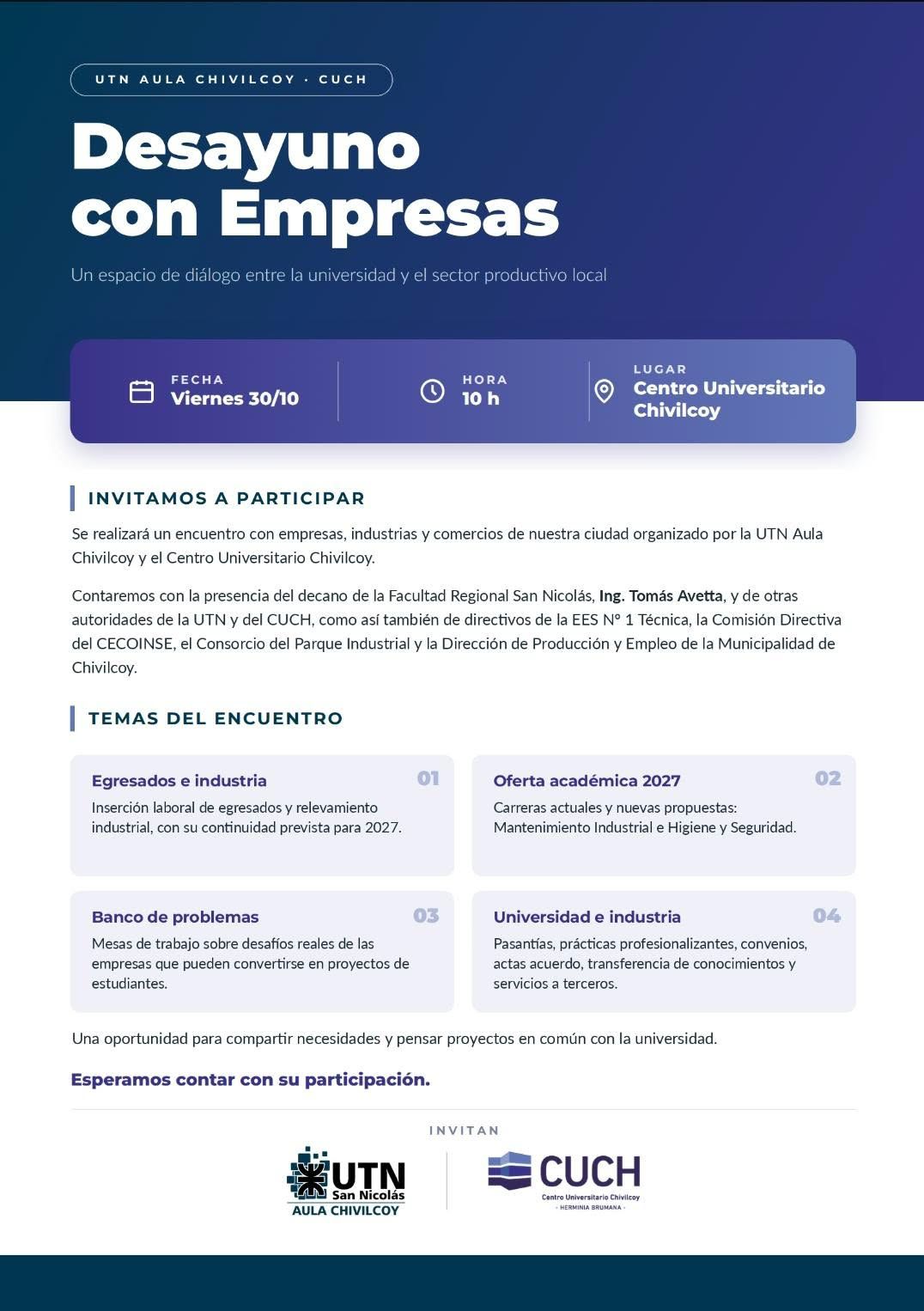 El CUCH y la UTN Aula Chivilcoy convocan a un encuentro con empresas, industrias y comercios