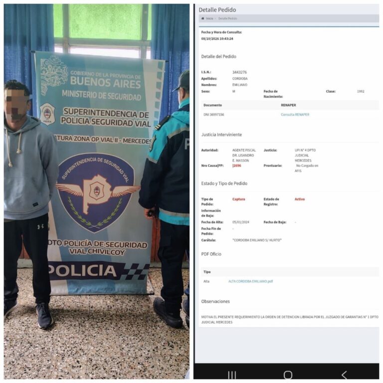 Policía Vial aprehendió a un hombre de 34 años que registraba un pedido activo de captura en una causa por hurto