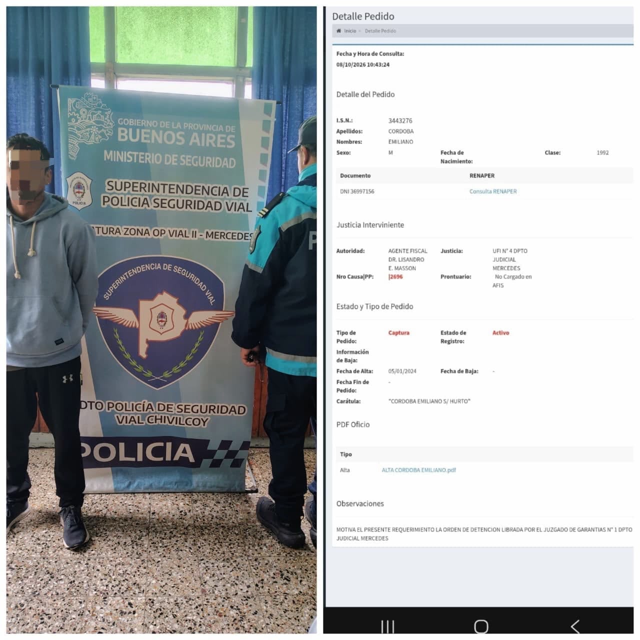 Policía Vial aprehendió a un hombre de 34 años que registraba un pedido activo de captura en una causa por hurto